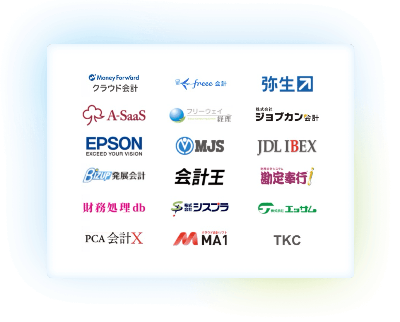 STREAMEDが対応している会計ソフト一覧。Money Forward クラウド会計、フリー会計、弥生、A-Saas、フリーウェイ経理、ジョブカン会計 Desktop、EPSON、MJS、JDL IBEX、BIZUP 発展会計、会計王、勘定奉行、財務処理db、シスプラ、エッサム、PCA 会計X、MA1（ソリマチ）、TKC