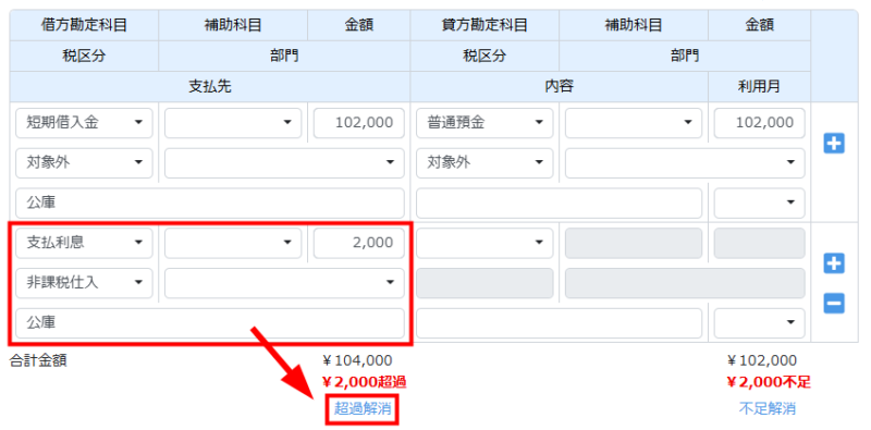 超過解消をクリックして金額を調整する