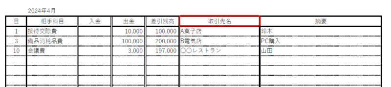 取引先列のある現金出納帳