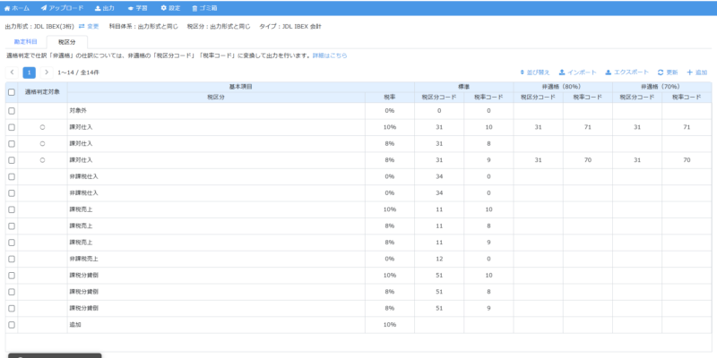 税区分設定画面(適格判定によって、税区分を変換出力する会計ソフト)