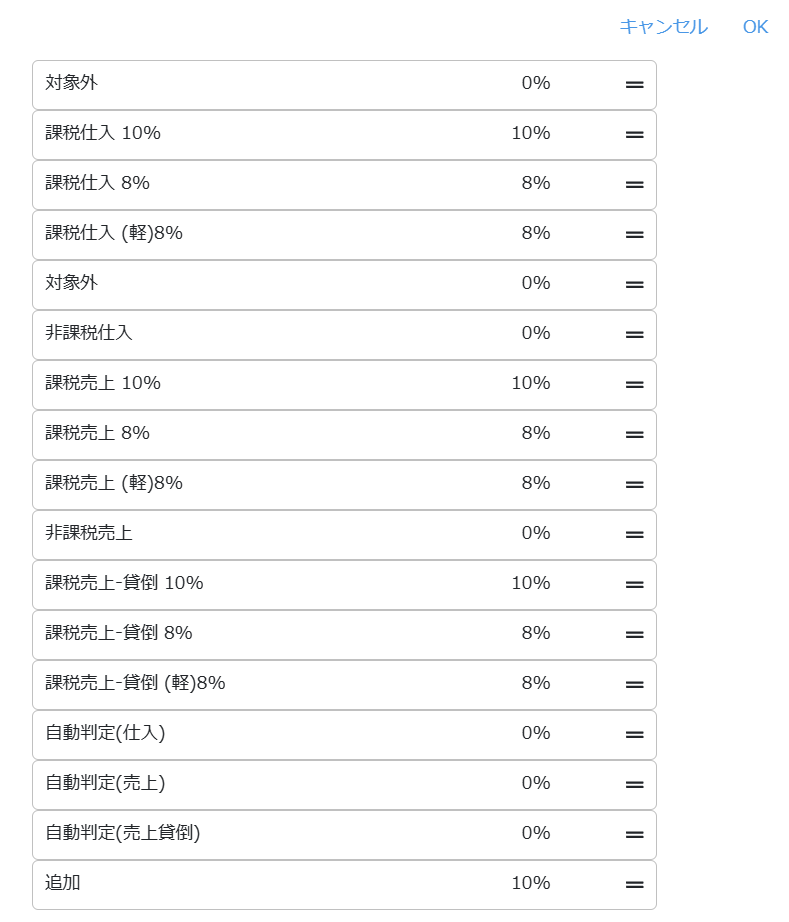 税区分の並び替え画面