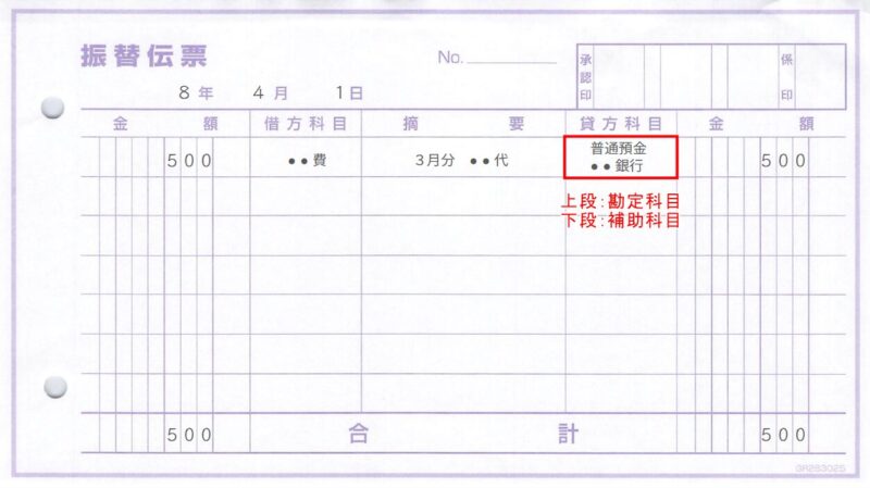 上下に記載する方法の例(振替伝票)