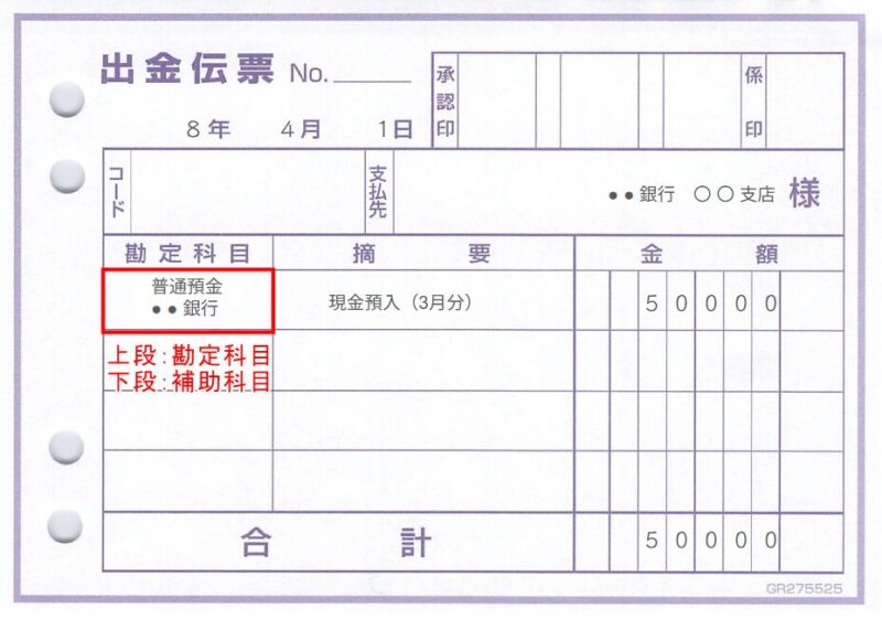 上下に記載する方法(出金伝票の例)