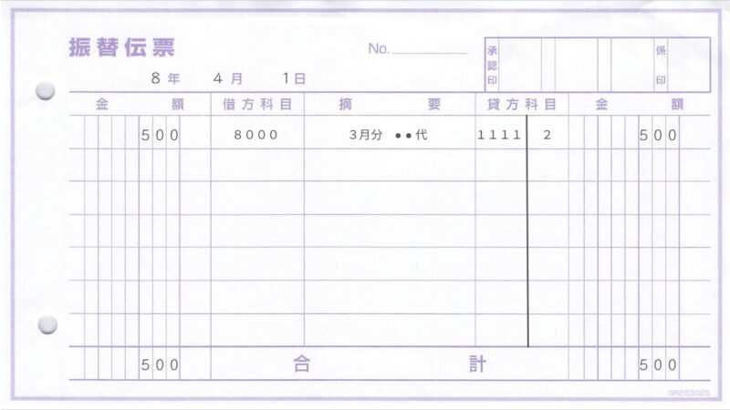 勘定科目・補助科目をコードのみで記載する例(振替伝票の例)